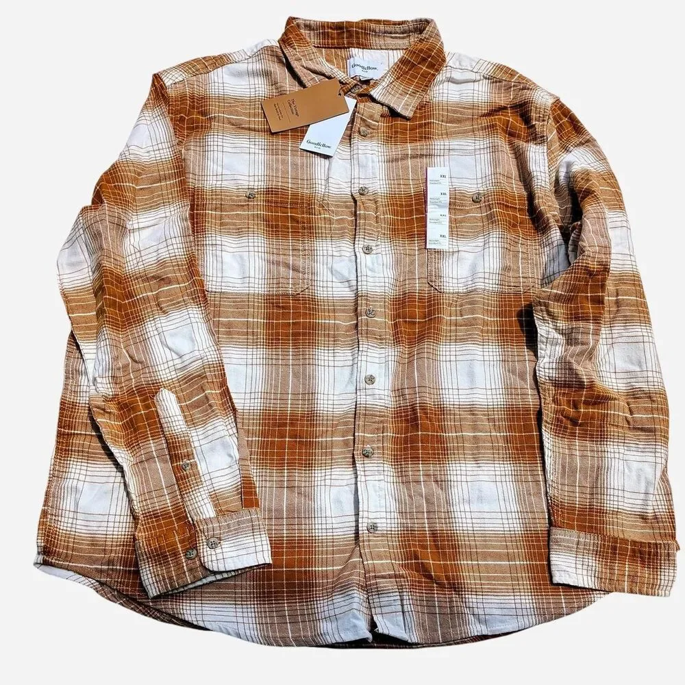 Goodfellow & Co. Vintage Collection Orange & White Plaid Flannel Shirt Size XXL